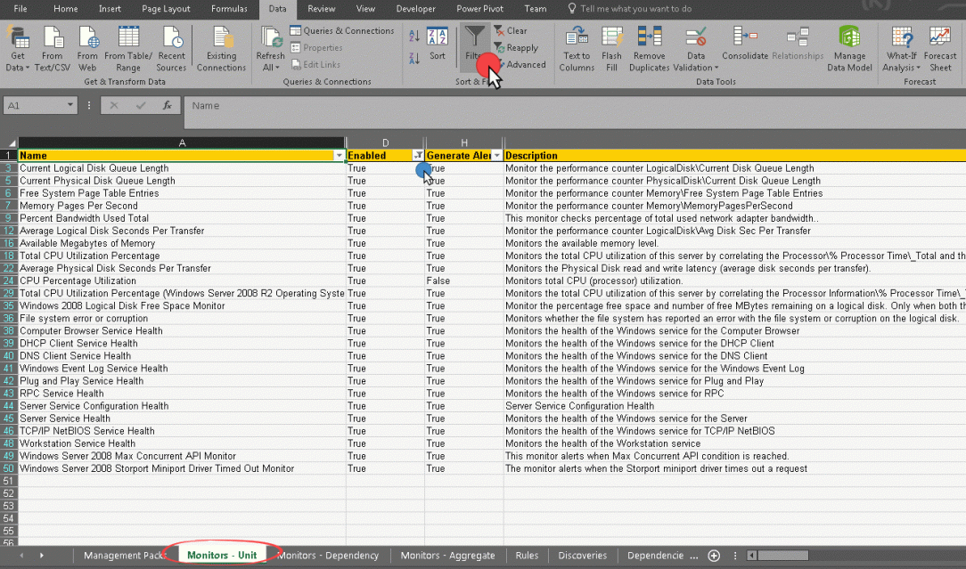 Excel shet Monitors Unit shwoing filtered columns